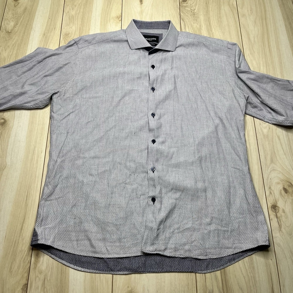 Maceoo Paris Button Up Geometric Micro Print Shirt Blue Men's Size 5/XL Italy - Picture 5 of 14